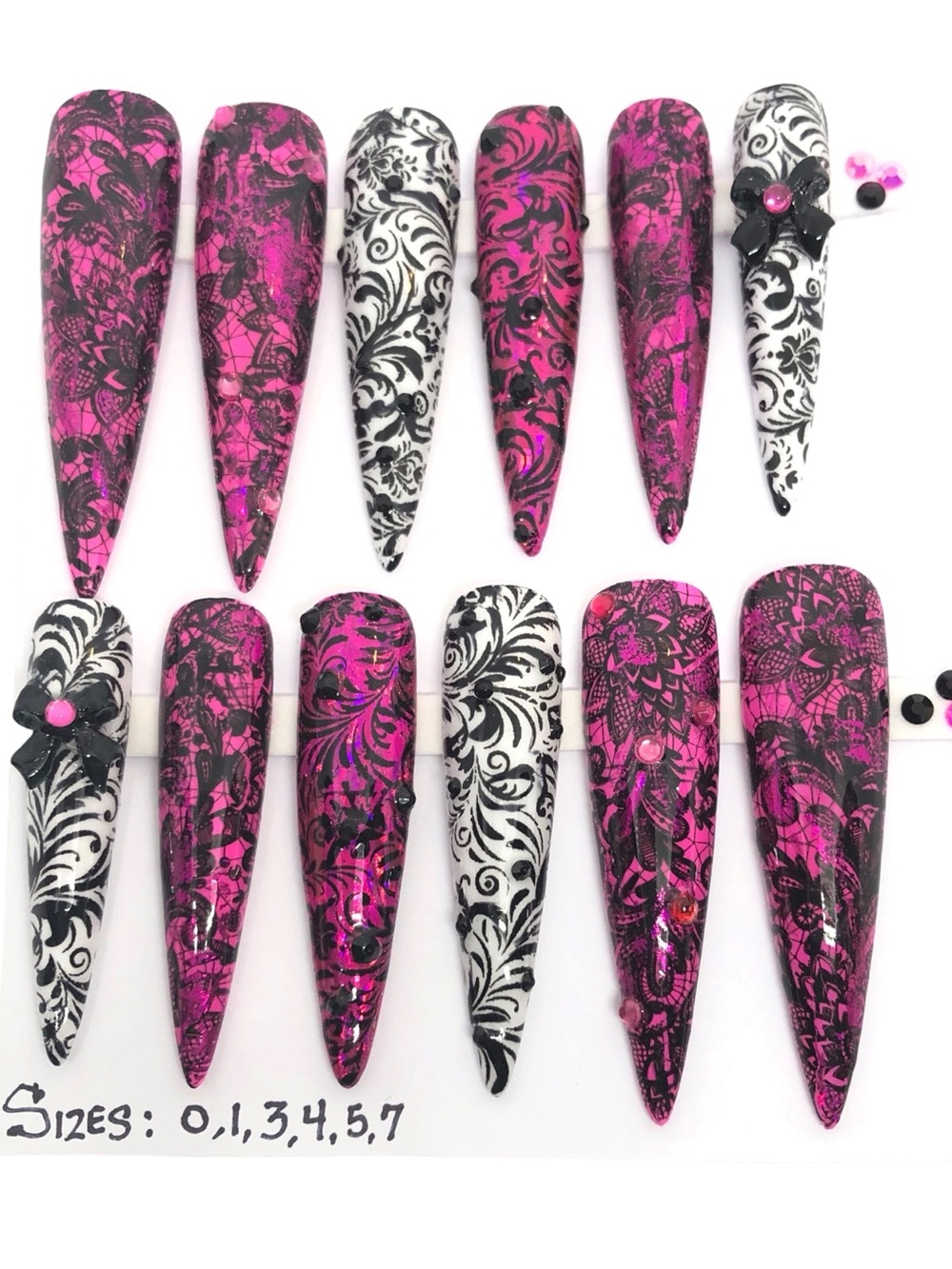 Handmade Custom Press On Nails 2X Length Stiletto Pink White Black Lace Nails